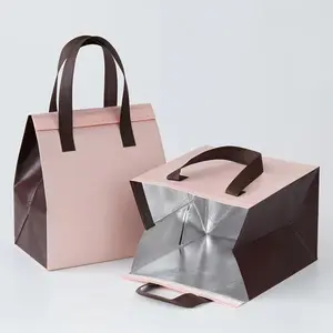 Pink Laminated non-woven aluminum foil disposable Eco milk tea sushi takeaway insulation lunch bag for custom logo in restaurant