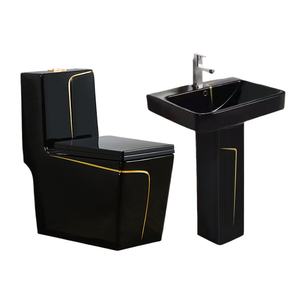 Juego de artículos sanitarios de estilo moderno, diseño de línea de oro negro, lavabo de Pedestal, lavabo de inodoro cuadrado, drenaje de trampa P para hoteles - Product Image 1