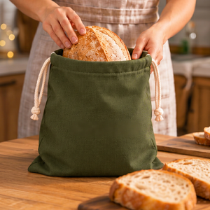 Bolsa de pan de lino y algodón orgánico personalizada, bolsa de almacenamiento reutilizable con cordón, bolsa con asa de cuerda de algodón personalizada para compras de alimentos - Product Image 1