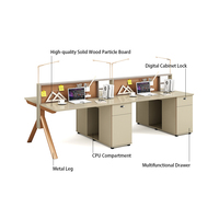 Poste de travail modulaire moderne pour 4 personnes avec écrans de confidentialité, armoires de rangement et chaises ergonomiques pour bureau à aire ouverte