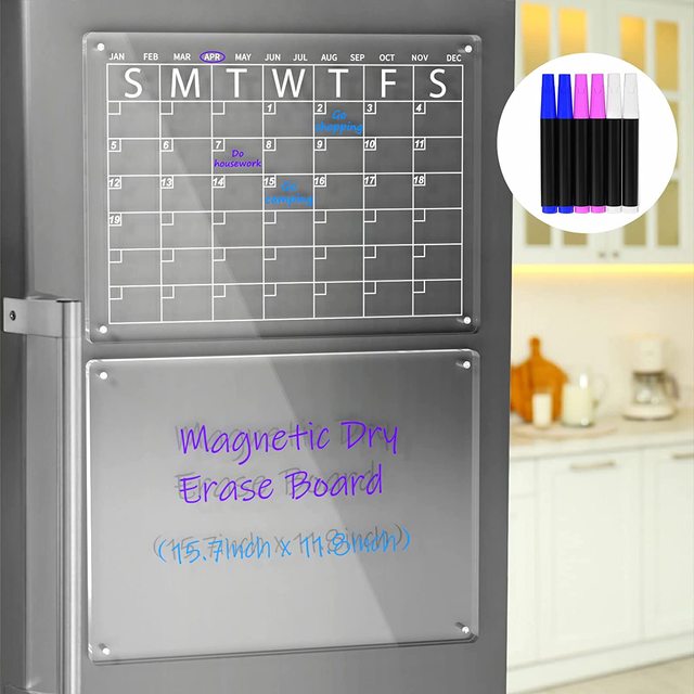 Acrylic Magnetic Dry Erase Board and Calendar for Fridge, Clear Set of 2 for Refrigerator Reusable Planner