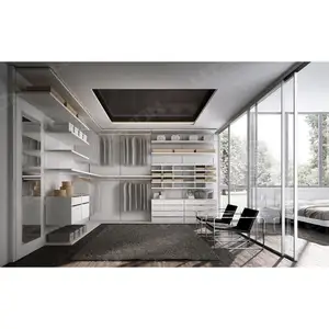 Modern Home Furniture Pull Out Doors Closet Wardrobe in White Lacquer Finish Bedroom Furniture Sliding Door and Swing Door