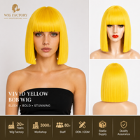 Perruque synthétique courte et droite jaune vif, coupe bob, avec frange, ligne de cheveux naturelle réglable, résistante à la chaleur, pour femmes, vente en gros, OEM ODM personnalisé