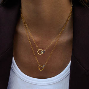 Heart Shaped Double <b>Ring</b> Pendant <b>Necklace</b> Gold Silver Color Block Geometric Design Unisex Everyday Wear - Product Image 2