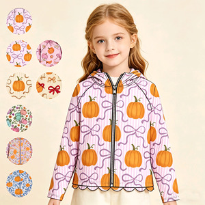 Manteau à capuche zippé pour enfants, motif citrouille d'automne personnalisé, avec nœuds coquette et bord festonné, style mignon pour sœurs, nouveaux styles de vêtements pour enfants - Product Image 1