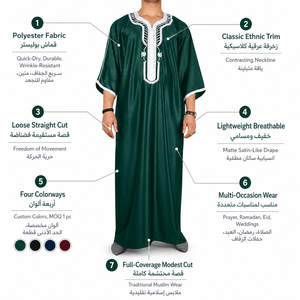 Túnica Satinada para Hombre con Estampado Digital y Cuello en V con Bordado en Contraste para la Oración del Eid y Reuniones Familiares, Se Acepta Personalización <span class=keywords><strong>de</strong></span> Color - Product Image 6