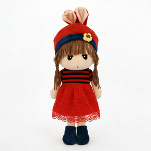 Peluche personnalisée mignonne en forme de lapin avec des oreilles, poupée en tissu pour fille aux cheveux tressés et jupe en dentelle rouge - Product Image 2