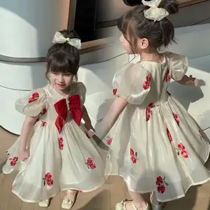2-6 Jahre Kinder Kleidung rote Schleife Puff kurze Ärmel Mädchen Blumen bestickte Blumen süße Prinzessin Mädchen Kleid für den Sommer