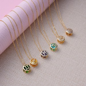 Collar de Moda con Doble Cara Hueca y Piedras Preciosas Coloridas del Zodíaco, Cadena de Acero Inoxidable, Joyería Fina con Piedra de Nacimiento para Mujeres y Niñas - Product Image 1