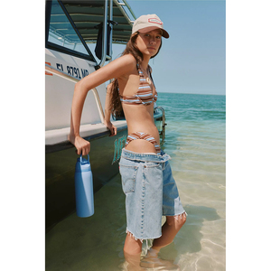 Top de <span class=keywords><strong>bikini</strong></span> con aros y cuello redondo, con tiras ajustables en la espalda y ribete a rayas en contraste, de tela a cuadros, elástico, para playa - Product Image 3