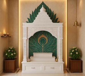 Premium Quality Handcrafted Marble <b>Mandir</b> with Green Peacock Back Panel and Intricate Handcrafted Detailing - Product Image 3