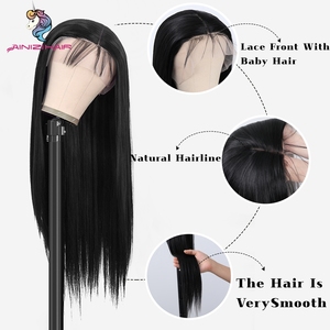 Aiinizi Tóc Giả Phía Trước Ren Tổng Hợp Chịu Nhiệt Phần Giữa Màu Đen Thẳng Dài 26 Inch Cho Nữ - Product Image 4