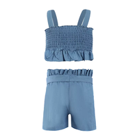 Ensemble assorti d'été 2 pièces en jean léger pour petites filles : Crop top à bretelles spaghetti à volants et boutons en bois, et short taille haute à nœud