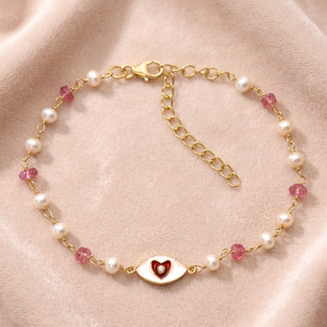Bracelet chapelet en argent sterling 925 avec charm cœur mignon plaqué or, perle AAA, topaze rose, émail rouge et blanc, pierre de zircon - Product Image 3