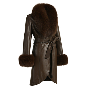 Cappotto Lungo in Vera <span class=keywords><strong>Pelle</strong></span> di Pecora per Donna, Stile <span class=keywords><strong>Trench</strong></span> con Cintura e Grande Collo in Vera Pelliccia di Volpe, Colore <span class=keywords><strong>Marrone</strong></span> - Product Image 2