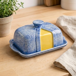Pot à beurre en céramique color block avec couvercle, bleu denim, texture tissée en relief, récipient de rangement pour beurre pour la maison et les restaurants - Product Image 1