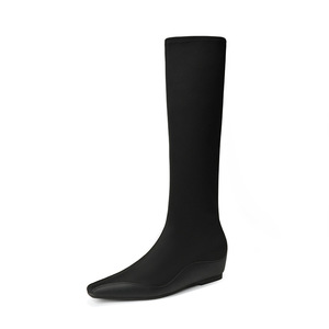 Bottes stretch hautes pour femmes, bout carré, talon plat, confortables, élastiques, couleur unie, décontractées, pour le printemps et l'automne - Product Image 5
