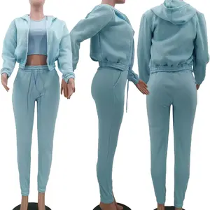 Conjunto de roupas femininas com 2 peças, conjunto de roupas femininas de outono personalizado, grosso, conjunto de 3 peças para suar, calça e capuz