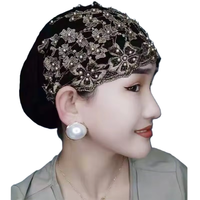 Promotion Spéciale : Turban Élastique Musulman pour Femme Brodé de Fleurs Magnifiques avec Perles, Voile Islamique