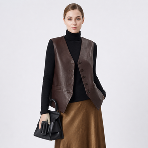 Gilet court décontracté vintage en cuir d'agneau non couché marron moka pour <span class=keywords><strong>femme</strong></span>, coupe-vent, col en V, en polyester - Product Image 2