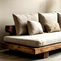 Canapé-lit en bois massif Wabi Sabi, canapé en tissu sans accoudoirs, canapé droit 3 places, mobilier sur mesure de style mid-century pour maison d'hôtes, salon