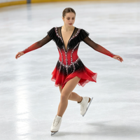 Robe de patinage artistique à manches longues à volants dégradé rouge et noir, avec strass en maille pour enfants et adultes, pour compétition et performance sur glace