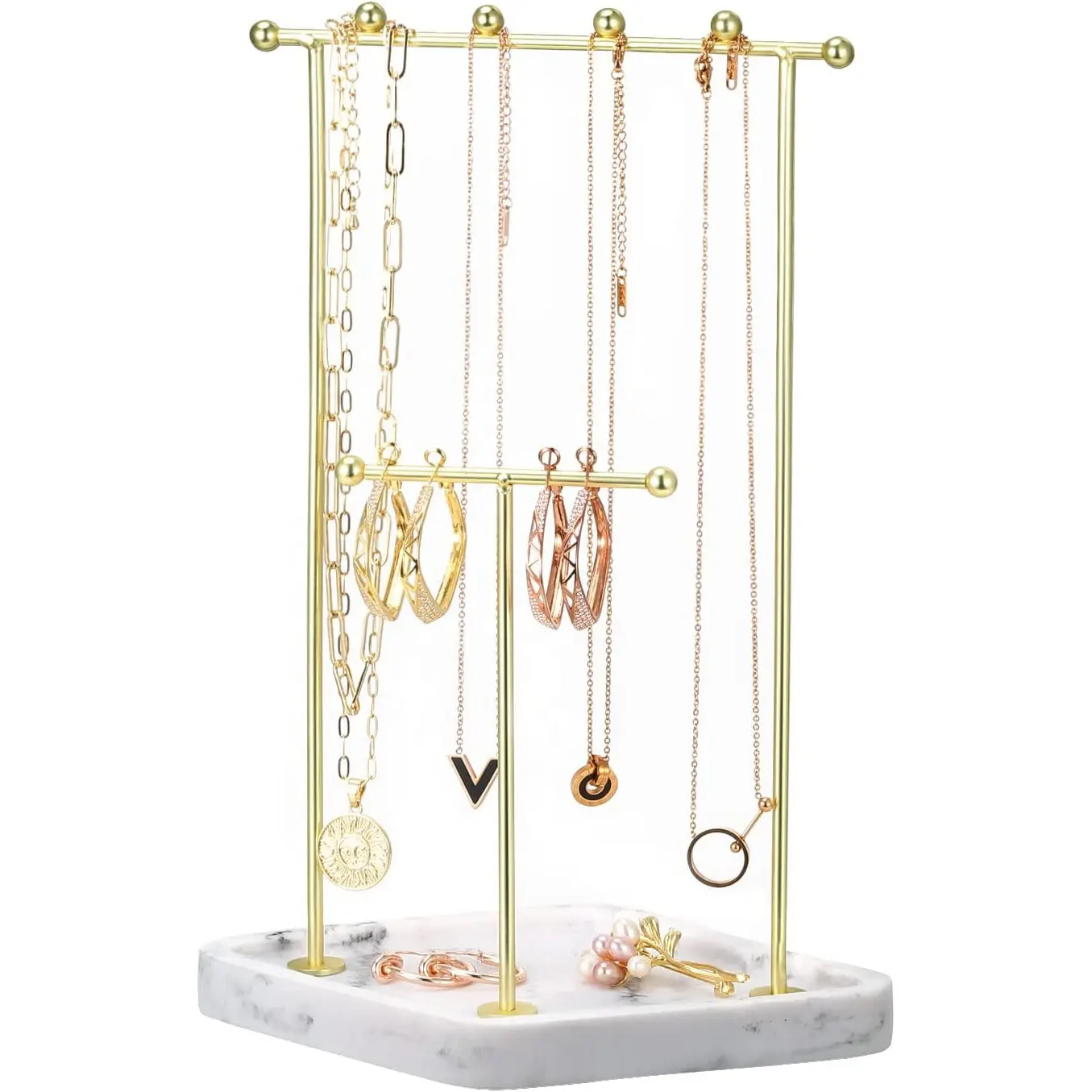 Resin Ring Tray Base Portable Jewelry Stand Gold Metal Rack 2 Tier Bracelet Necklace Hanging Organizer Display Necklace Holder