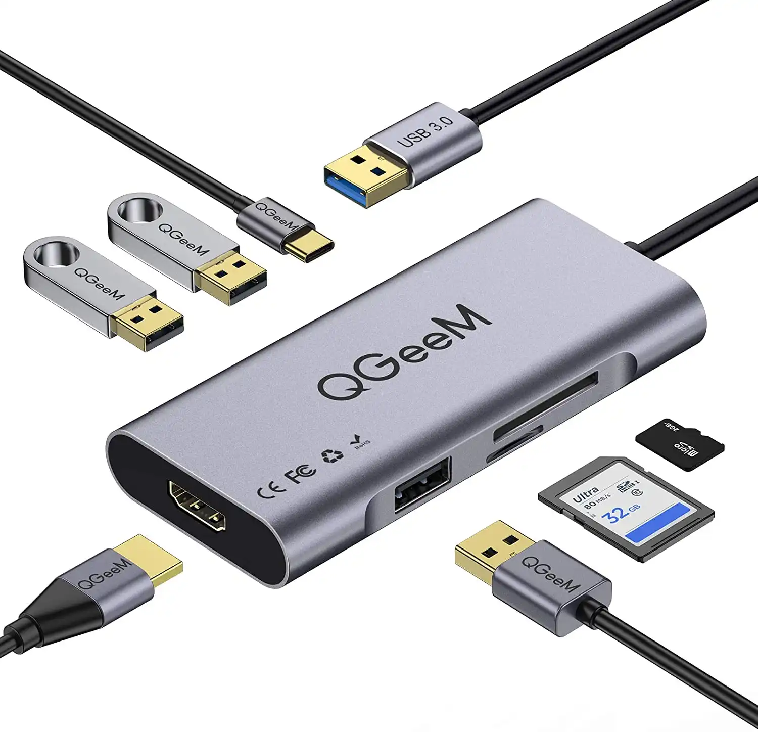QGeeM-Hub 7 en 1 con USB 3,0, lector de tarjetas SD/TF, HDMI, 4K, Compatible con Windows, Android, estación de acoplamiento 7 en 1 para ordenador portátil