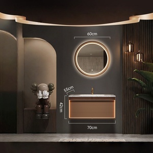 Customized Italian style light luxury style natural marble seamless ceramic basin intelligent <b>mirror</b> bathroom cabinet - Product Image 5