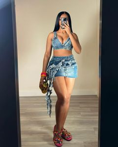 Summer <strong>Stretch</strong> <strong>Denim</strong> Two Pieces <strong>Skirt</strong> Set With v Neck <strong>Denim</strong> Top and Mini <strong>Denim</strong> <strong>Skirt</strong> - Product Image 2