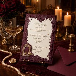 Juego de Tarjetas de Invitación de Boda Personalizadas, Sobre Color Borgoña, Corte Láser, Arco Dorado, Sello de Cera en Relieve, <span class=keywords><strong>Perla</strong></span> - Product Image 1