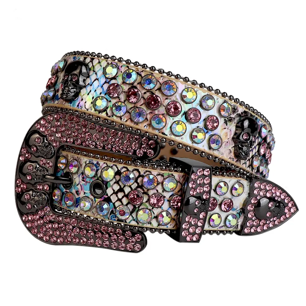 Customized cowboy stylish concho crystal studded belt factory wholesale cool skull belt for jeans rhinestone belt wide 1 1/2"