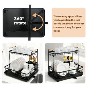 رف تجفيف الأطباق للمطبخ بطبقتين مع صينية تصريف وخرطوم قابل للفصل، حامل أدوات من الحديد الأسود - Product Image 2