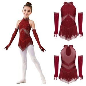 Maillot de patinaje artístico para niñas con flecos, cuello halter, cuello con pedrería, espalda con abertura, mangas sin dedos, disfraz de malla para competición, personalizado - Product Image 2