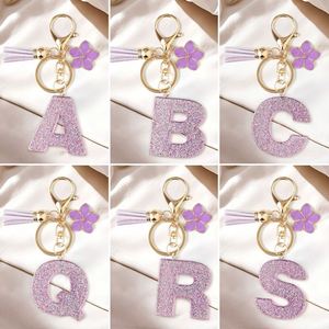 Porte-clés en résine DIY style coréen avec 26 lettres anglaises à paillettes, pendentif fleur violette, breloque de sac - Product Image 2