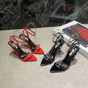 Sandalias de tacón alto puntiagudas para mujer con diamantes de imitación, cinta de PU, hebilla cruzada, sandalias de moda estilo romano, zapatos de mujer - Product Image 1
