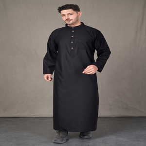 Qamis noir en polyester pour homme, col montant, manches longues, longueur ras du sol, tenue de prière modeste, pour l'Aïd et le quotidien, Moyen-Orient, adultes, toutes saisons - Product Image 2
