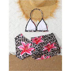 FOXA Ensemble bikini 3 pièces léopard pour fille, maillot de bain triangle à bretelles florales avec jupe de plage, extensible, en spandex et polyester - Product Image 3