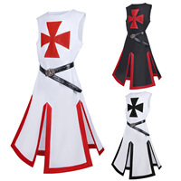 Deluxe Croix Impression Halloween Templier Chevalier Tunique Médiévale Guerrier Costume Croisé Costume Gilet Manteau Avec Ceinture