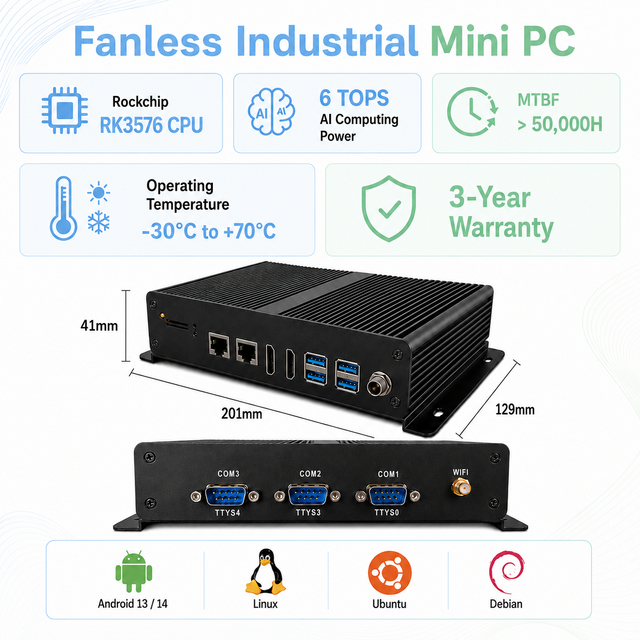 Rockchip RK3576 Fanless Industrial Mini PC NPU 6 TOPS 100% Brand-New Industrial-Grade Motherboard WIFI6 8K 60 HZ Fanless Mini PC