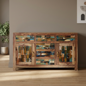 Modern Industrial Vintage Indian Solid Mango Wood Storage Cabinet 2 Doors 3 Drawers Apartment Farmhouse Living Room Eco-Friendly - Product Image 2