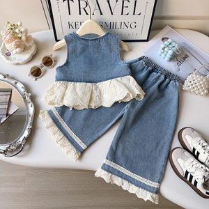 2025 traje <span class=keywords><strong>de</strong></span> bebé <span class=keywords><strong>de</strong></span> primavera y otoño para niña, conjunto <span class=keywords><strong>de</strong></span> dos piezas con estampado informal elegante, <span class=keywords><strong>chaleco</strong></span> vaquero sin mangas a la moda y pantalones largos - Product Image 4