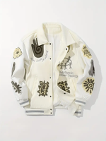 Dropshipping Veste rayée à motif de soleil et de broderie géométrique pour hommes avec poches, revers décontracté boutonné long