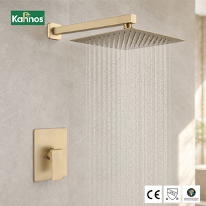 Ensemble de douche encastré à fonction unique, finition or brossé, avec pommeau de douche pluie, mitigeur de luxe en laiton anti-brûlure pour salle de bain moderne - Product Image 1