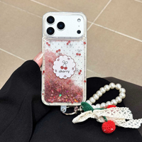 Casing HP INS Creative Design Cute Cherry Liquid Quicksand dengan Tali Gantungan untuk iPhone 17 16 ProMax 15, Anti Benturan