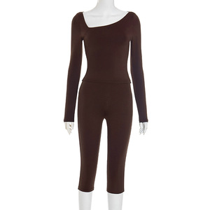 Wanita 2025 musim gugur 2 potong Set Soild lengan panjang atasan Crop celana Capri dua potong Set baju olahraga - Product Image 2