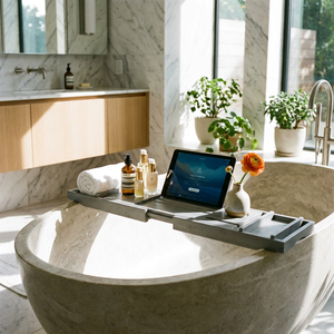 Plateau de bain extensible en bambou avec support pour tablette, gris, étanche, avec support pour téléphone - Product Image 3
