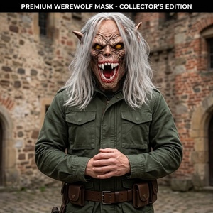 Masque en latex amusant et original, monstre à visage complet avec yeux jaunes lumineux, crocs pointus et longs cheveux argentés pour Halloween Cosplay - Tendance - Product Image 5