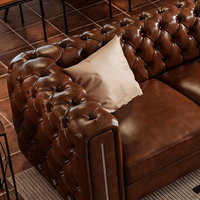 Sofá Combinado de Cuero Genuino de Cuatro Plazas, Estilo Retro Americano, Nueva Combinación de Esponja Encerada al Aceite para Sala de Estar de Villa