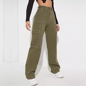 กางเกงผ้าเดนิมเอวสูงสำหรับผู้หญิง,กางเกงแนวสตรีทเอวสูงลำลองเลกกิ้งทรงตรงมีกระเป๋าข้าง - Product Image 3